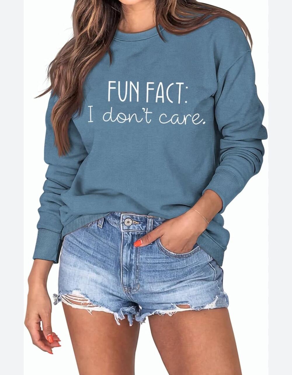 Eadinve "Fun Fact I Don't Care" NEW Women's Blue Sweatshirt Sz L Stretchy Humor